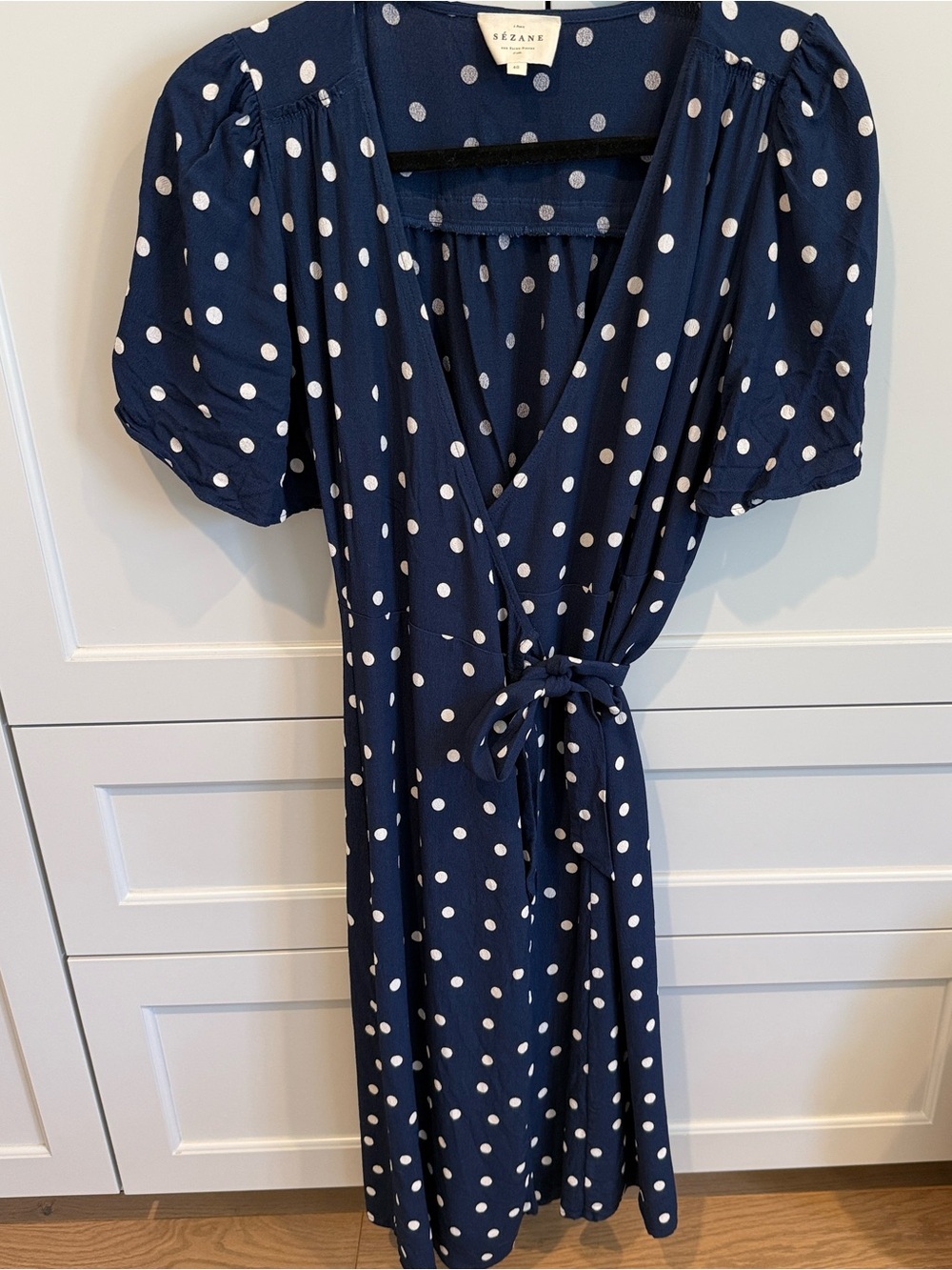 Sezane Navy and White Polka Dot Midi Wrap Dress